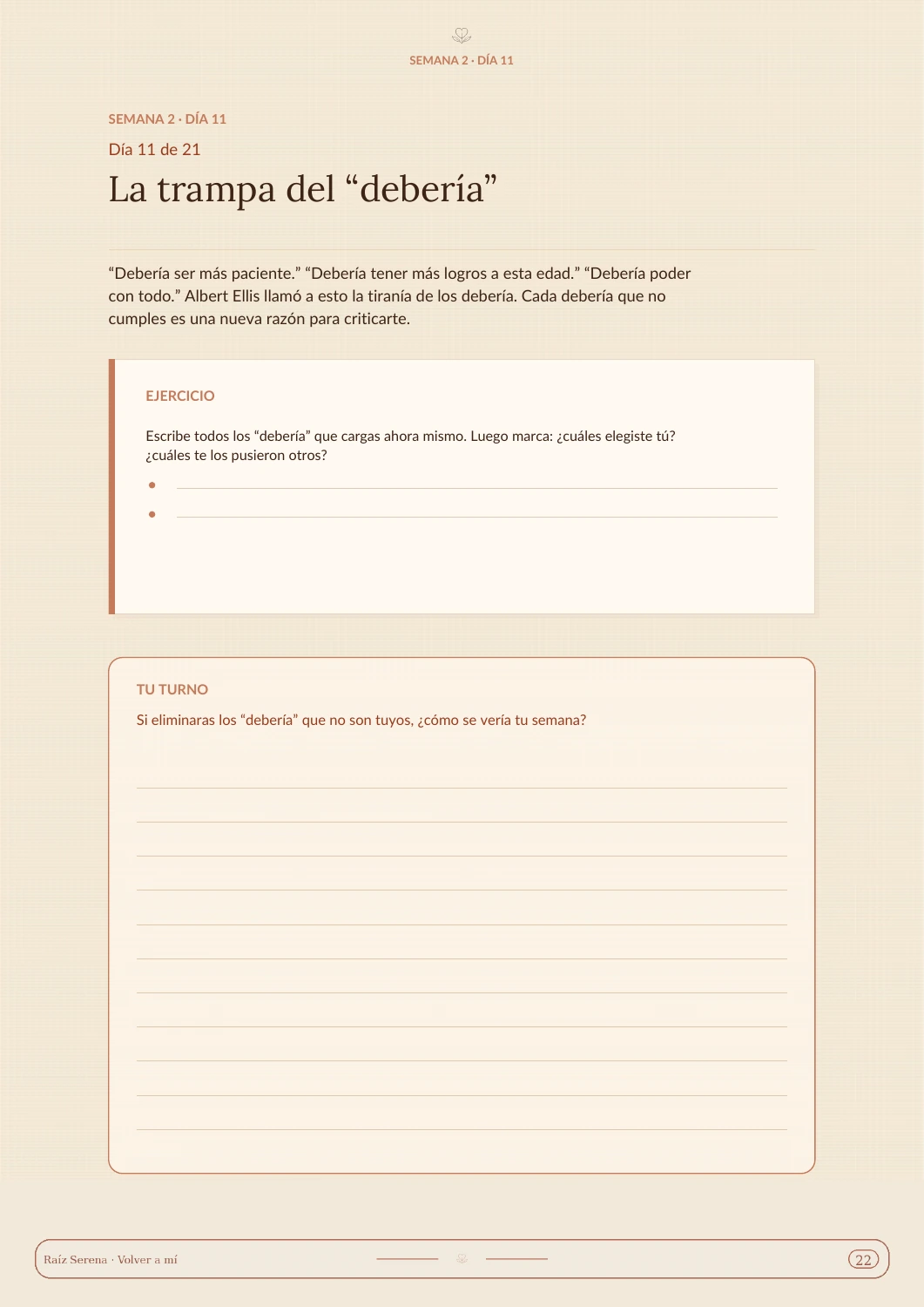 Página real del ejercicio La trampa del debería, con instrucciones y espacio para escribir